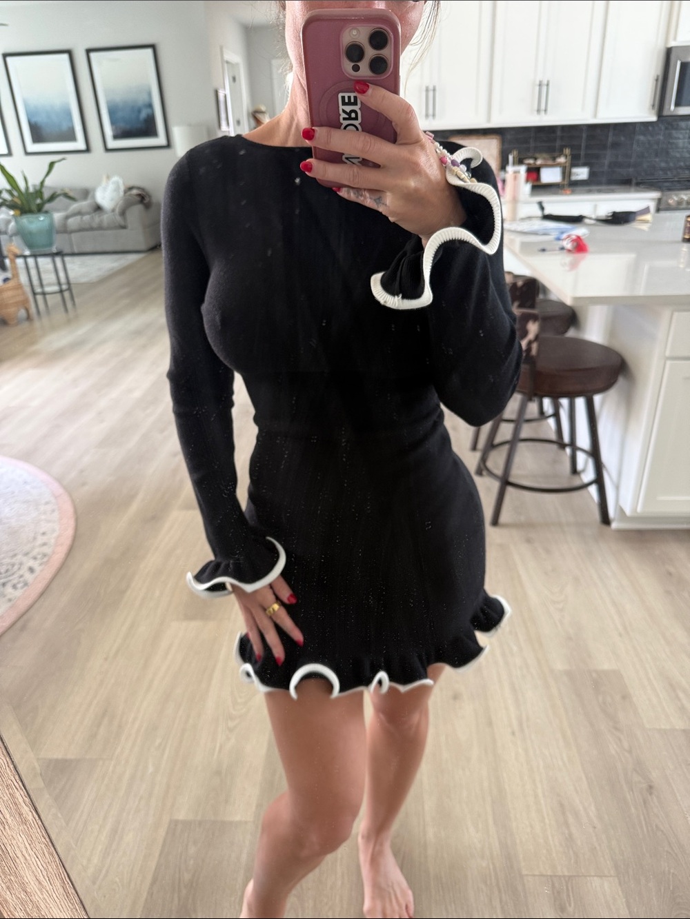 Black Long-Sleeve Flutter-Hem Mini Dress with White Trim